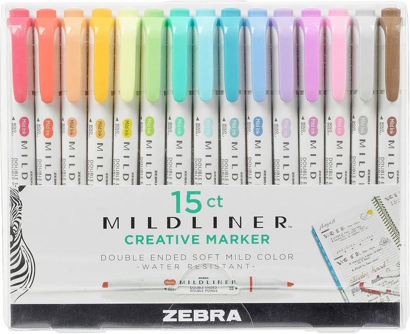 Zebra Pen Dual Tip Highlighter Pens, Pastel Highlighters Pens For Adults, Broad & Fine Tip Markers & Highlighters For Convenience, Double Ended Mildliner Highlighters, 15 Pk - Assorted Colours - Image 1