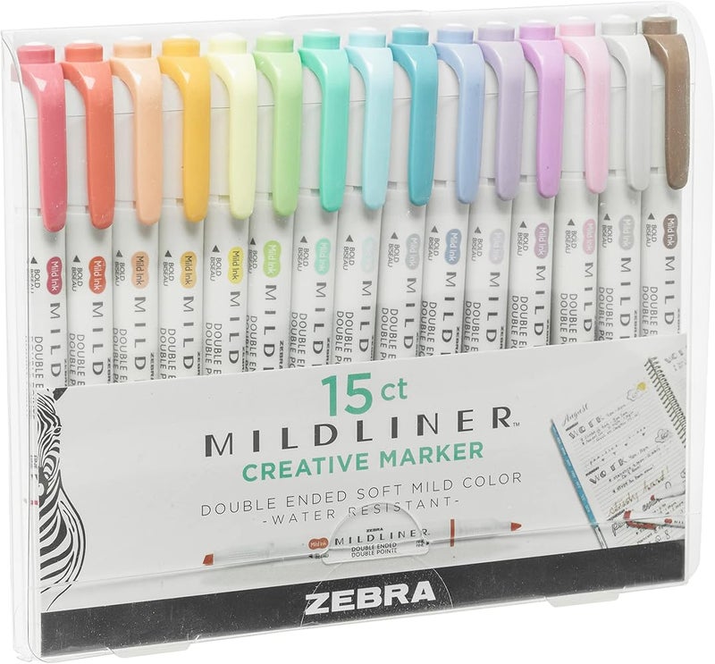 Zebra Pen Dual Tip Highlighter Pens, Pastel Highlighters Pens For Adults, Broad & Fine Tip Markers & Highlighters For Convenience, Double Ended Mildliner Highlighters, 15 Pk - Assorted Colours - Image 2