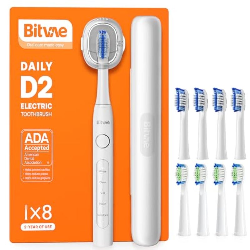 Bitvae Electric Toothbrushes for Adults and Kids, ADA Accepted Rechargeable Travel Sonic Toothbrush with 8 Brush Heads, 5 Modes, Holder, D2 (White) - Image 1