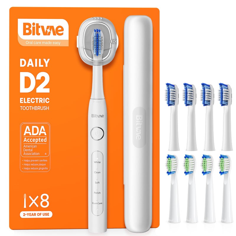 Bitvae Electric Toothbrushes for Adults and Kids, ADA Accepted Rechargeable Travel Sonic Toothbrush with 8 Brush Heads, 5 Modes, Holder, D2 (White) - Image 1
