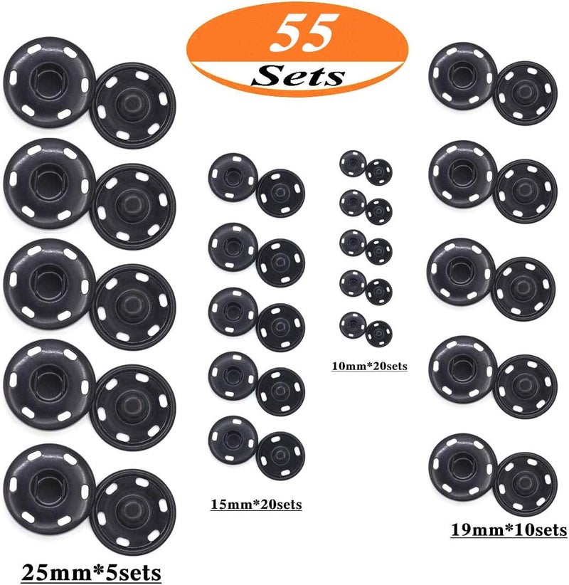 Enosea 55 Sets Sew-on Snap Buttons Metal Snap Fastener Durable Press Studs Buttons for Sewing Clothing, 4 Sizes (Black) - Image 3