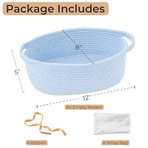 Kodomoore Small Woven Gift Basket Empty with Bag & Ribbon - Gifts for Mom, Baby Shower, Birthdays & Raffle - Cotton Rope Storage Basket for Dog Toys or Shelf - 12"x8"x5", Blue - Image 3