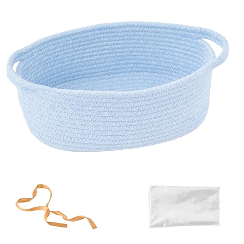 Kodomoore Small Woven Gift Basket Empty with Bag & Ribbon - Gifts for Mom, Baby Shower, Birthdays & Raffle - Cotton Rope Storage Basket for Dog Toys or Shelf - 12"x8"x5", Blue - Image 1
