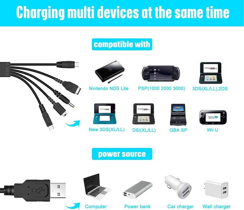 كابل شحن USB 5 في 1 من لأجهزة Nintendo NDS/Wii U/New 3DS، 3DS، 2DS، DSi، NDS/GBA SP، PSP 1000-3000 - Image 3