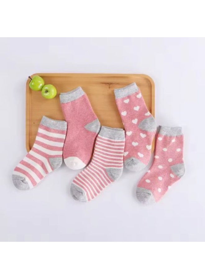 Lion Llama Kids Socks Set of 5 Pairs | Cotton Crew Socks for Girls | Pink Stripes | Hearts & Polka Dot Design |  Kids Sizes
