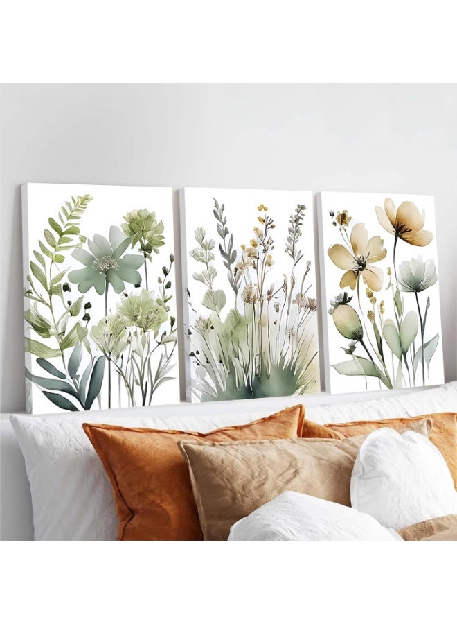 INSIJAM Set Of 3 Framed Canvas Wall Arts Green Botanical Wall Art Boho Floral Canvas Wall Decor Paintings Minimalist Flower Posters Prints Pictures for Bedroom Living Room12x16 Inch - Image 1