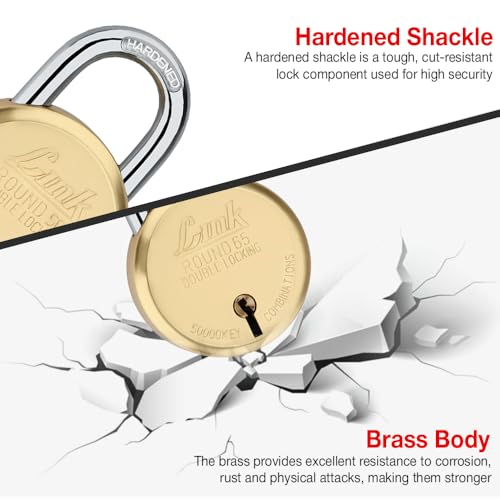 Link 8 Levers 65mm Round Padlock | Hardened Shackle | Double Locking | Brass Body Home Door Lock with 4 Brass Keys| Made in India| (Gold, Pack of 1) - Image 3