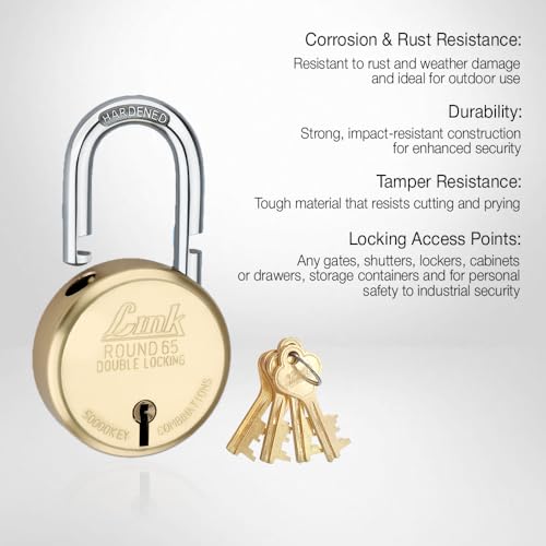 Link 8 Levers 65mm Round Padlock | Hardened Shackle | Double Locking | Brass Body Home Door Lock with 4 Brass Keys| Made in India| (Gold, Pack of 1) - Image 5