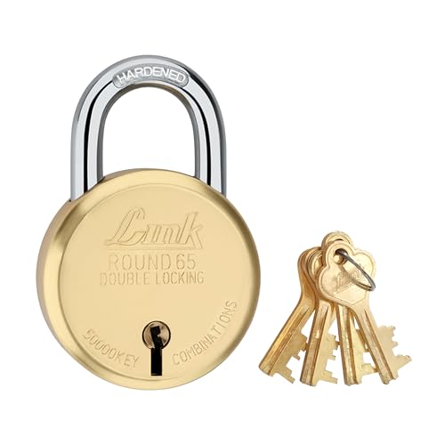 Link 8 Levers 65mm Round Padlock | Hardened Shackle | Double Locking | Brass Body Home Door Lock with 4 Brass Keys| Made in India| (Gold, Pack of 1) - Image 1