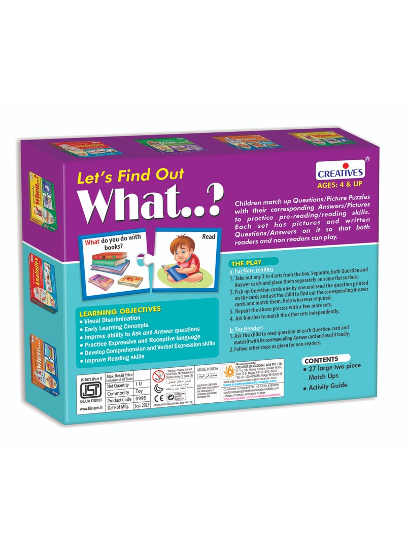 Creative's - Creative’s Let's Find Out - What? | WH Questions Educational Puzzle Game for Kids | Self-Correcting Match-Up to Develop Expressive & Receptive Language | Improves Reading, Comprehension & Verbal Skills | Picture-Based Learning Activity | Fun Learning Toy for Speech Therapy & Special Education | Ages 4 & Up - Image 1