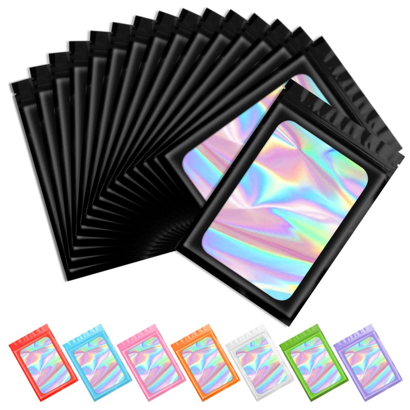 Funfery 100 pcs Black Smell Proof Mylar Holographic Packaging Bags,Clear Resealable Odor Proof Bag Foil Pouch Zipper Bag for Food Storage,Snack,Gloss,Jewelry,Lash,Card Packing for Small Busines(4x6In) - Image 1