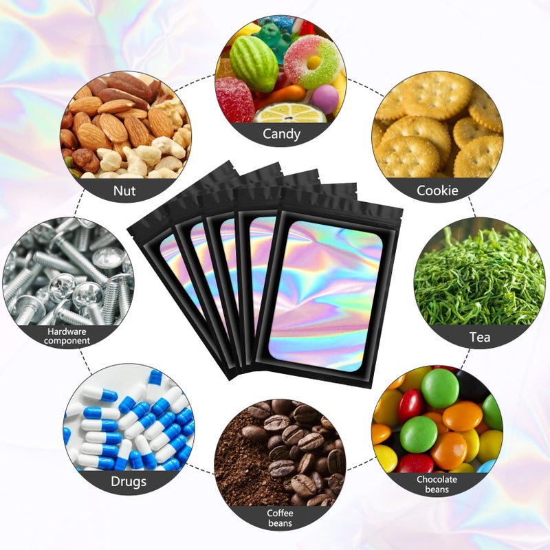 Funfery 100 pcs Black Smell Proof Mylar Holographic Packaging Bags,Clear Resealable Odor Proof Bag Foil Pouch Zipper Bag for Food Storage,Snack,Gloss,Jewelry,Lash,Card Packing for Small Busines(4x6In) - Image 4