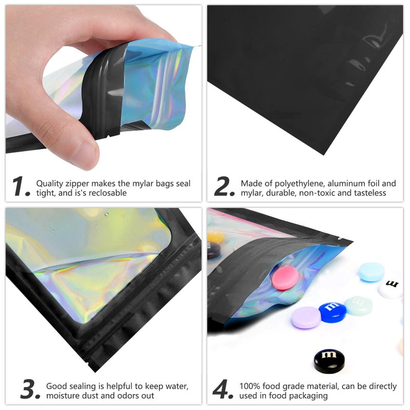 Funfery 100 pcs Black Smell Proof Mylar Holographic Packaging Bags,Clear Resealable Odor Proof Bag Foil Pouch Zipper Bag for Food Storage,Snack,Gloss,Jewelry,Lash,Card Packing for Small Busines(4x6In) - Image 5