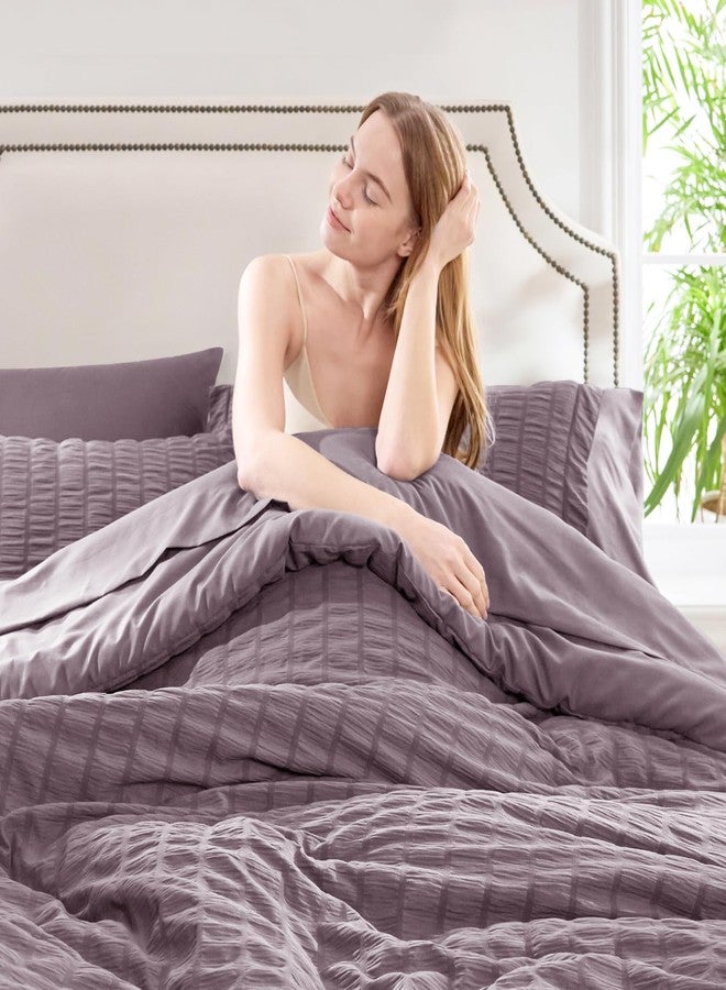 CozyLux Full Size Comforter Sets with Sheets Seersucker 7 Pieces Dusty Purple Bed in a Bag Textured Luxury Soft Bedding Set with Down Alternative Comforter, Sheets, Pillowcases & Shams for All Seasons - Image 5