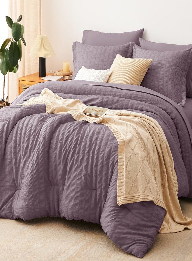 CozyLux Full Size Comforter Sets with Sheets Seersucker 7 Pieces Dusty Purple Bed in a Bag Textured Luxury Soft Bedding Set with Down Alternative Comforter, Sheets, Pillowcases & Shams for All Seasons - Image 1