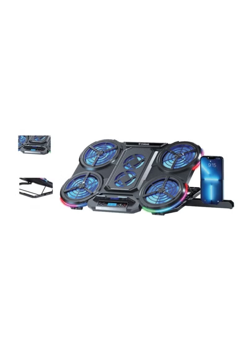Standard ICE08 Cooling Pad Gaming Laptop Stand With Mobile Holder – 6x Blue LED Fans Multi Speed – LCD Screen – RGB Side Lights – 2 x USB -12 UP to 17 Inch | Black - Image 1