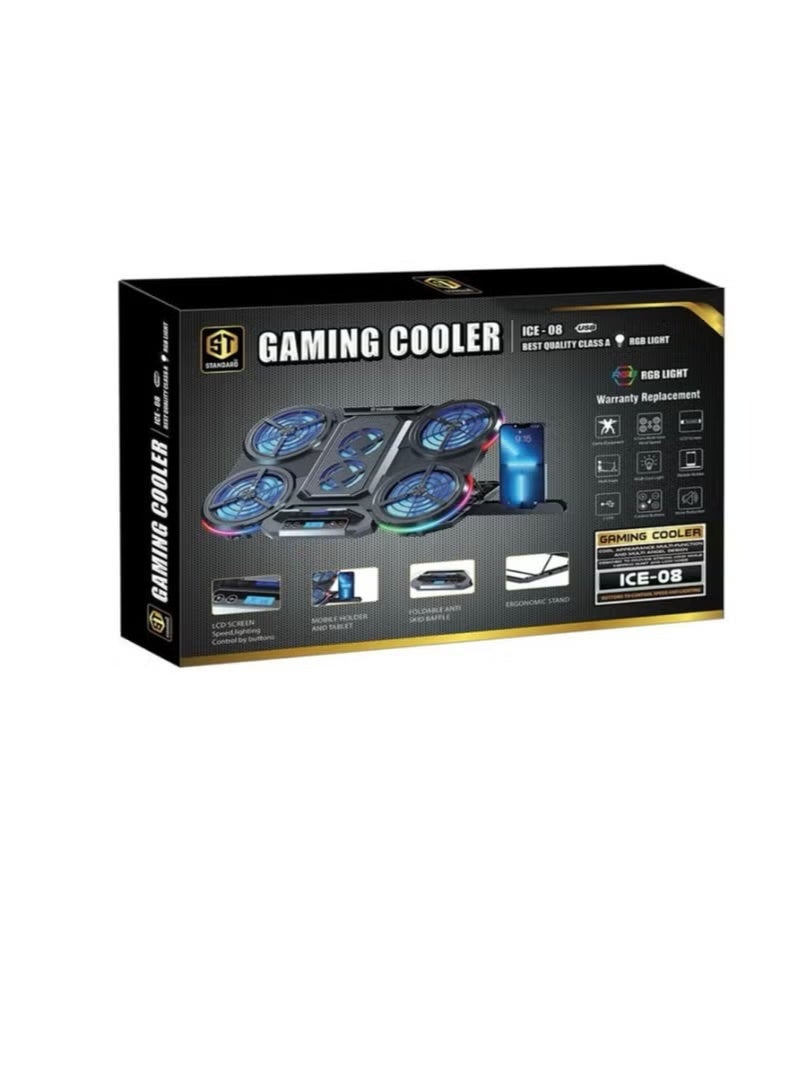 Standard ICE08 Cooling Pad Gaming Laptop Stand With Mobile Holder – 6x Blue LED Fans Multi Speed – LCD Screen – RGB Side Lights – 2 x USB -12 UP to 17 Inch | Black - Image 2