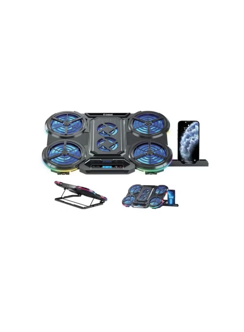 Standard ICE08 Cooling Pad Gaming Laptop Stand With Mobile Holder – 6x Blue LED Fans Multi Speed – LCD Screen – RGB Side Lights – 2 x USB -12 UP to 17 Inch | Black - Image 3