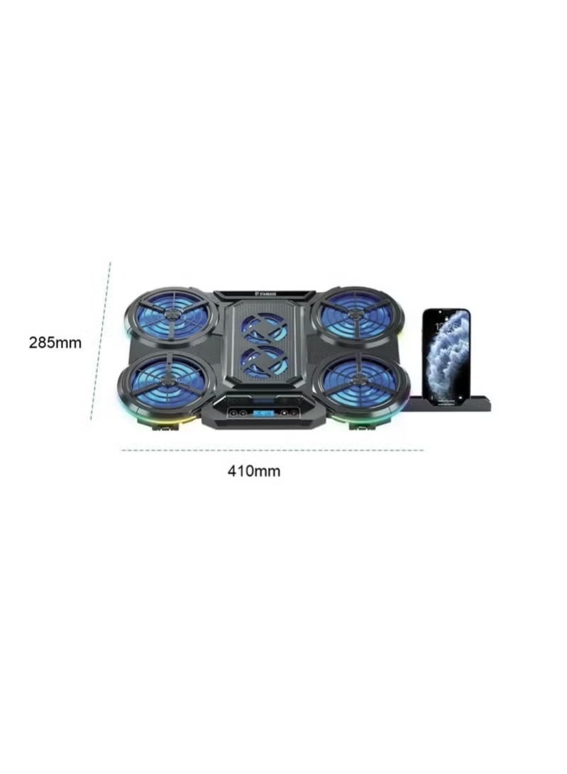 Standard ICE08 Cooling Pad Gaming Laptop Stand With Mobile Holder – 6x Blue LED Fans Multi Speed – LCD Screen – RGB Side Lights – 2 x USB -12 UP to 17 Inch | Black - Image 4