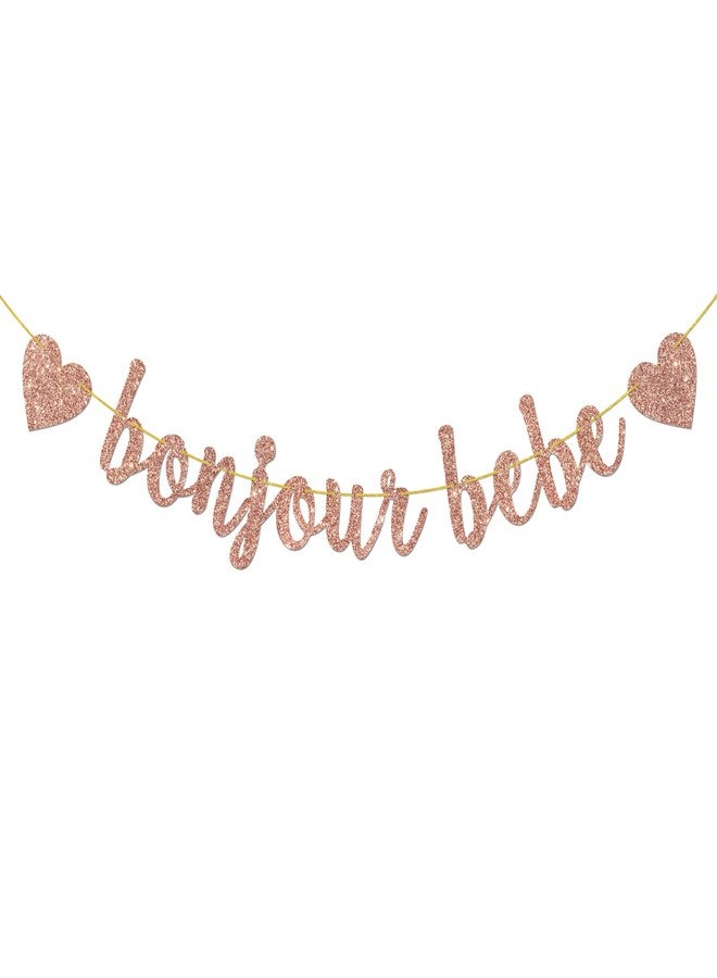 Helewilk Rose Gold Glitter Bonjour Bebe Banner - French Theme Baby Shower/1st Birthday Party Decoration, Welcome Sign Bunting Banner - Image 1