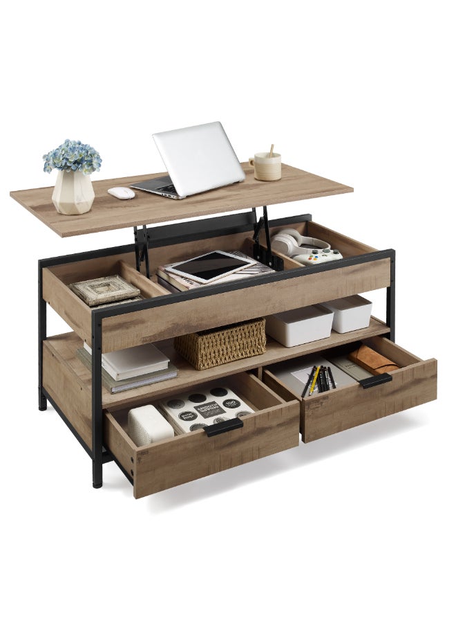 VASAGLE Coffee Table, Height-Adjustable Living Room Table, Coffee Table, with Drawers, Open Compartment, Camel Brown-Ink Black - Image 1