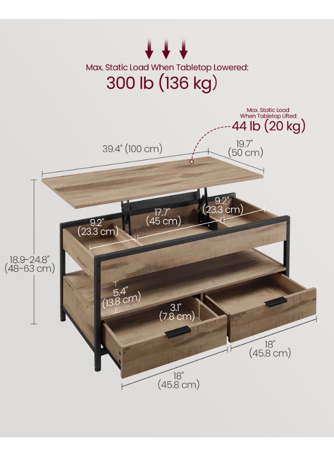 VASAGLE Coffee Table, Height-Adjustable Living Room Table, Coffee Table, with Drawers, Open Compartment, Camel Brown-Ink Black - Image 5