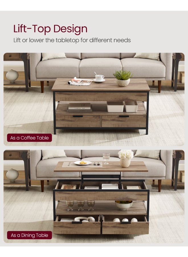 VASAGLE Coffee Table, Height-Adjustable Living Room Table, Coffee Table, with Drawers, Open Compartment, Camel Brown-Ink Black - Image 3
