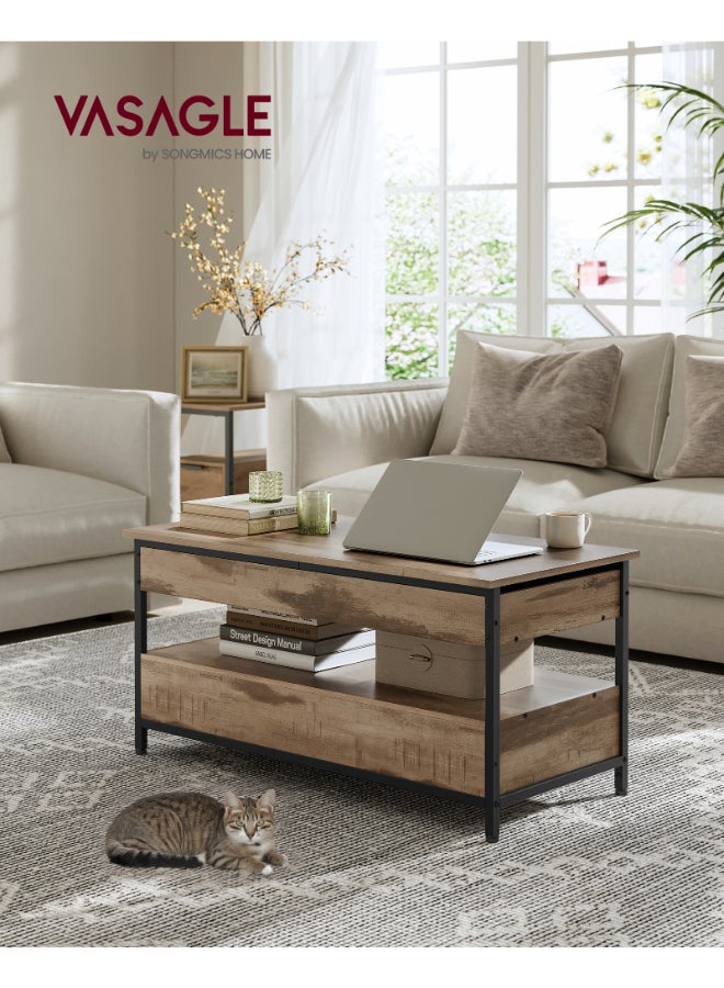 VASAGLE Coffee Table, Height-Adjustable Living Room Table, Coffee Table, with Drawers, Open Compartment, Camel Brown-Ink Black - Image 2