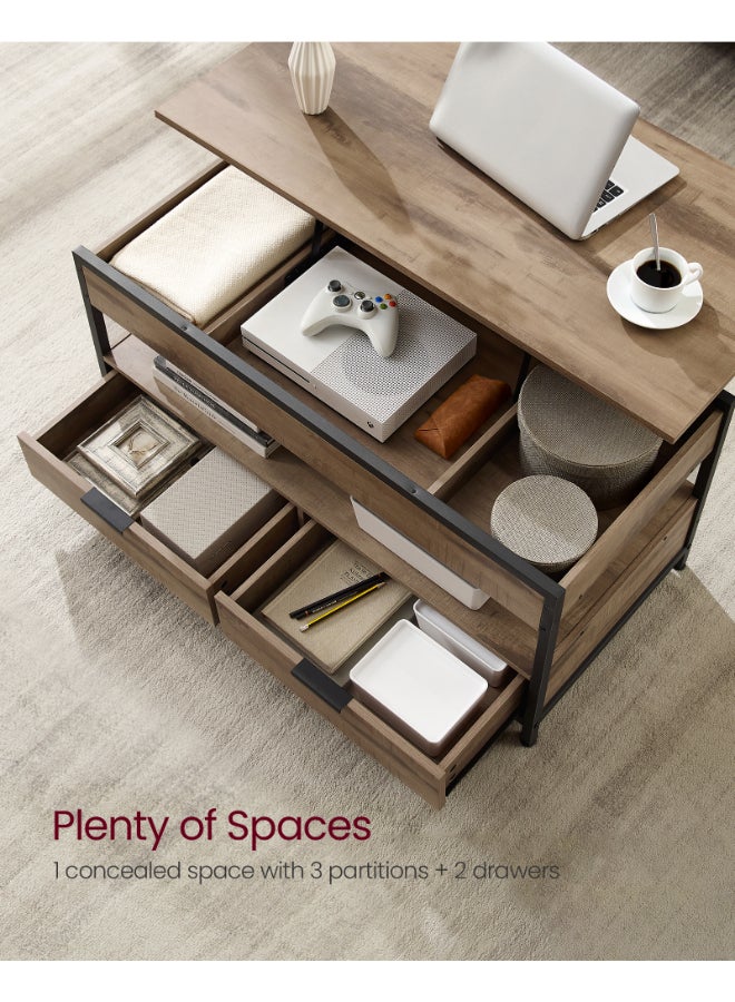 VASAGLE Coffee Table, Height-Adjustable Living Room Table, Coffee Table, with Drawers, Open Compartment, Camel Brown-Ink Black - Image 4
