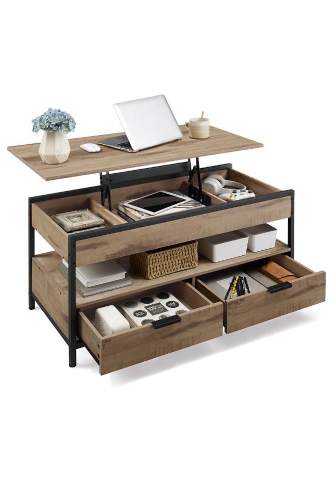 VASAGLE Coffee Table, Height-Adjustable Living Room Table, Coffee Table, with Drawers, Open Compartment, Camel Brown-Ink Black - Image 1