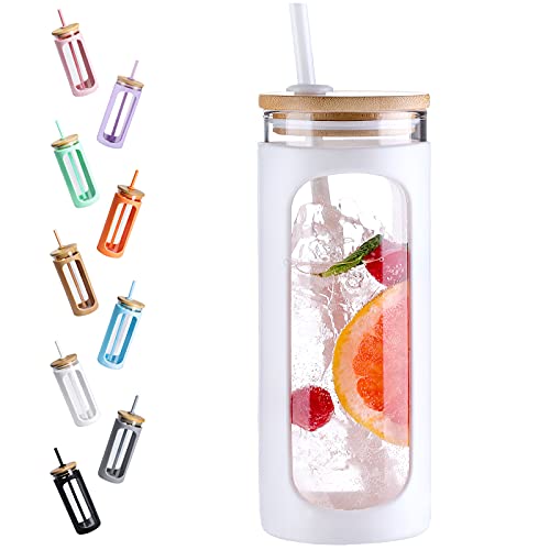 Kodrine 20oz Glass Water Tumbler with Straw and Lid, Bamboo Lids Water Bottle, Iced Coffee Cup Reusable, Wide Mouth Smoothie Cups with Protective Silicone Sleeve BPA FREE-White - Image 1