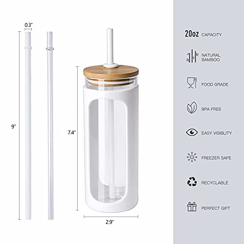 Kodrine 20oz Glass Water Tumbler with Straw and Lid, Bamboo Lids Water Bottle, Iced Coffee Cup Reusable, Wide Mouth Smoothie Cups with Protective Silicone Sleeve BPA FREE-White - Image 2