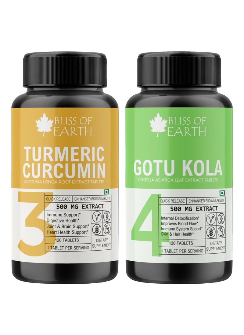 BLISS OF EARTH - Bliss of Earth High Potency Combo of Turmeric Curcumin Extract Tablets 500mg and Gotu Kola Extracts Tablets 500mg, 120 Count Each - Image 1