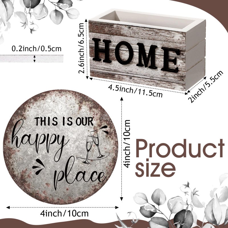 Queekay Coasters Set of 6 House Warming Gifts New Home Wooden Farmhouse Drink Coasters with Holder 4'' Funny Decoration for Kitchen Family Coffee Bar Tabletop Protection(Rust Color) - Image 2