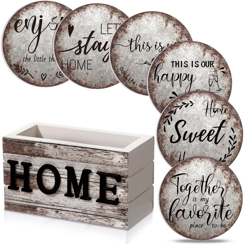 Queekay Coasters Set of 6 House Warming Gifts New Home Wooden Farmhouse Drink Coasters with Holder 4'' Funny Decoration for Kitchen Family Coffee Bar Tabletop Protection(Rust Color) - Image 1