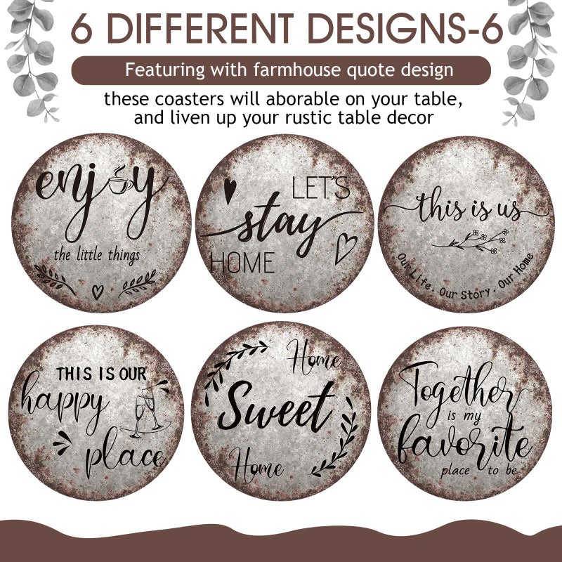 Queekay Coasters Set of 6 House Warming Gifts New Home Wooden Farmhouse Drink Coasters with Holder 4'' Funny Decoration for Kitchen Family Coffee Bar Tabletop Protection(Rust Color) - Image 4