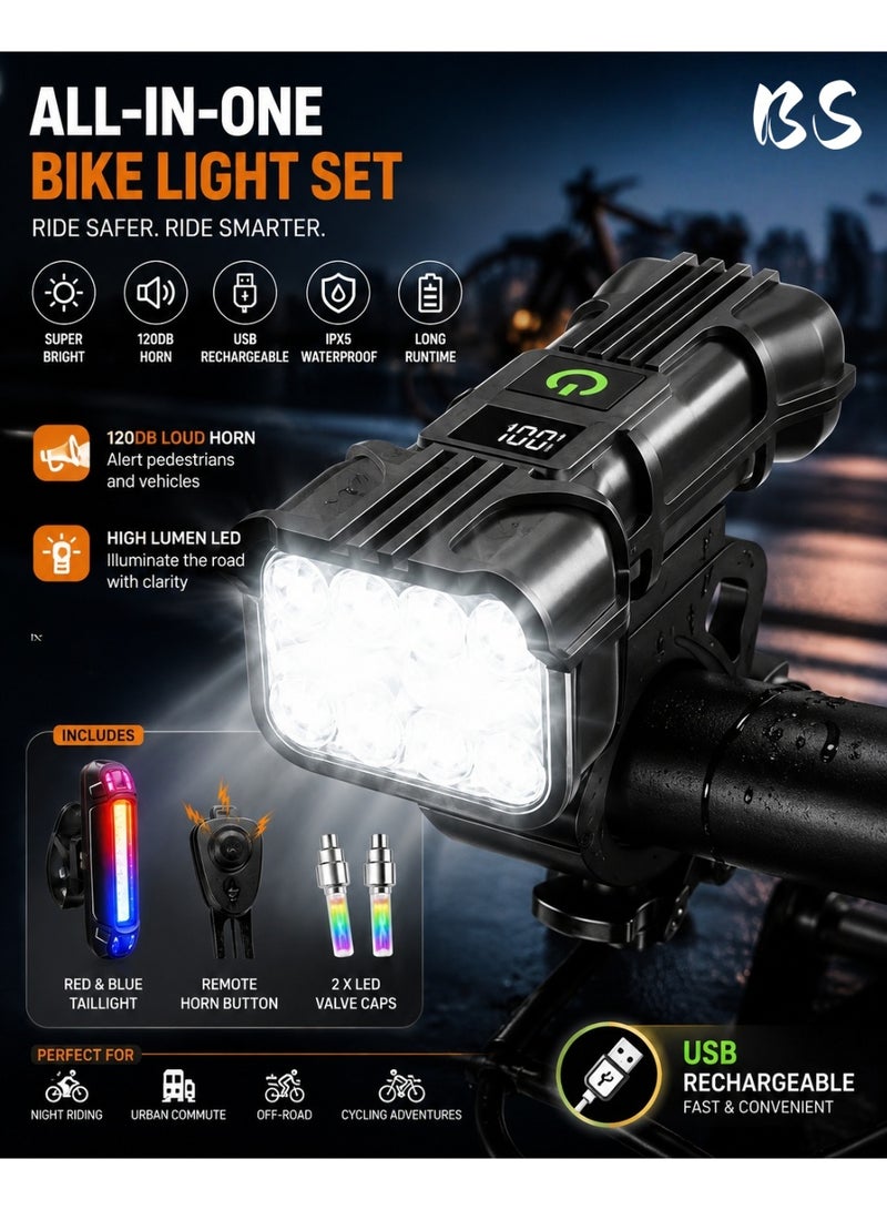 BS Bike Lights for Night Riding with Tail Light Set | 120dB Horn USB Rechargeable Bicycle Headlight  | LCD Display | 5 Modes Waterproof for Road/Mountain Cycling - Image 1