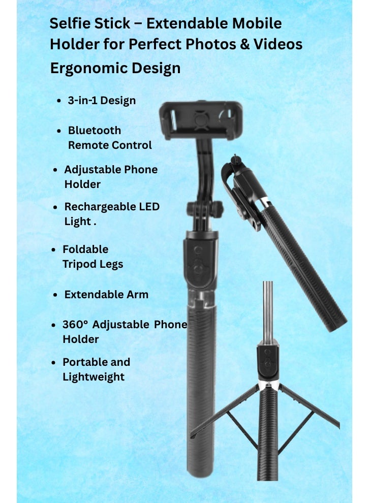 Rechargeable Selfie Stick Tripod with LED Light, Wireless Remote, and 360° Rotation, Adjustable Brightness for Vlogging, Live Streaming, and Travel Photography - Image 1