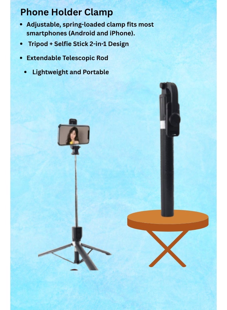 Rechargeable Selfie Stick Tripod with LED Light, Wireless Remote, and 360° Rotation, Adjustable Brightness for Vlogging, Live Streaming, and Travel Photography - Image 3