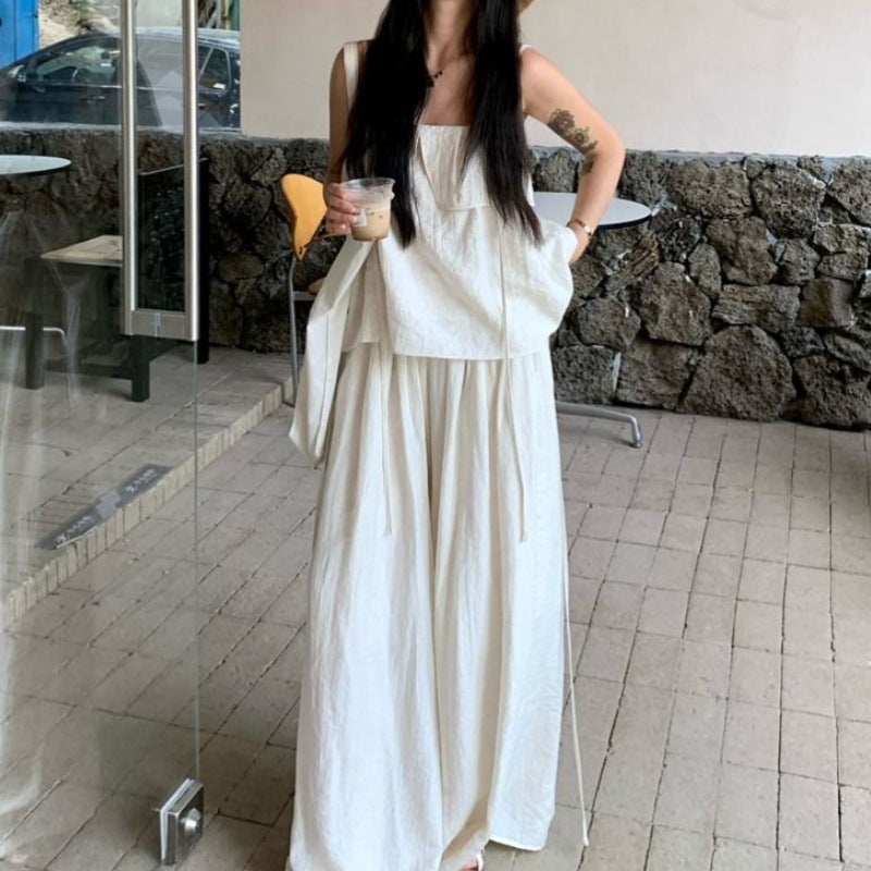 Cool Style White Fashionable suit Womens Summer 2024 Fashionable New Ruffled Sling Yamamoto Two-piece Pants Skirt White Top White Culottes