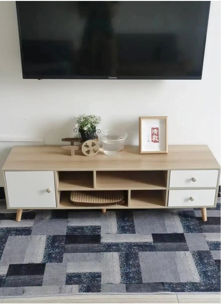 fashionhome - Modern Simple TV Cabinet With Large Capacity Drawers and Open Shelfs Combination Set Table for Home Living Room Furniture 120 x 38 x 30 CM - Image 1
