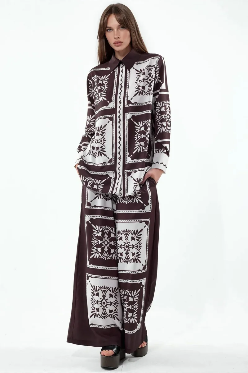 جينيفر Geometric Shirt And Wide-Leg Pants Set