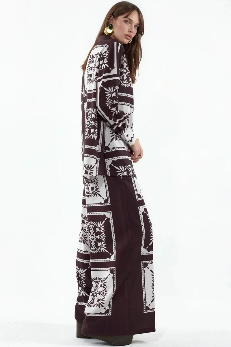جينيفر Geometric Shirt And Wide-Leg Pants Set