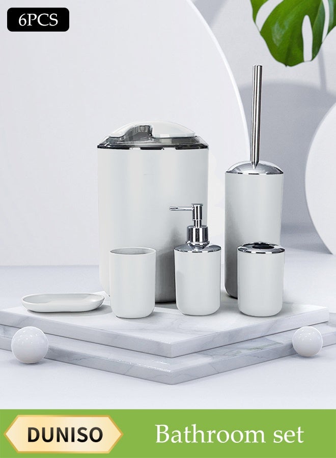 DUNISO 6 Pieces of Bathroom Accessories Set，Plastic Gift Set，Smooth Circular Electroplated Bathroom Set，With Trash Can, Soap Dish, Toilet Brush, Mouthwash Cup, Lotion Bottle, Toothbrush Holder，White  - Image 1