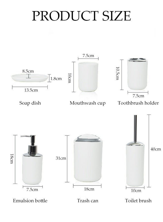 DUNISO 6 Pieces of Bathroom Accessories Set，Plastic Gift Set，Smooth Circular Electroplated Bathroom Set，With Trash Can, Soap Dish, Toilet Brush, Mouthwash Cup, Lotion Bottle, Toothbrush Holder，White  - Image 2