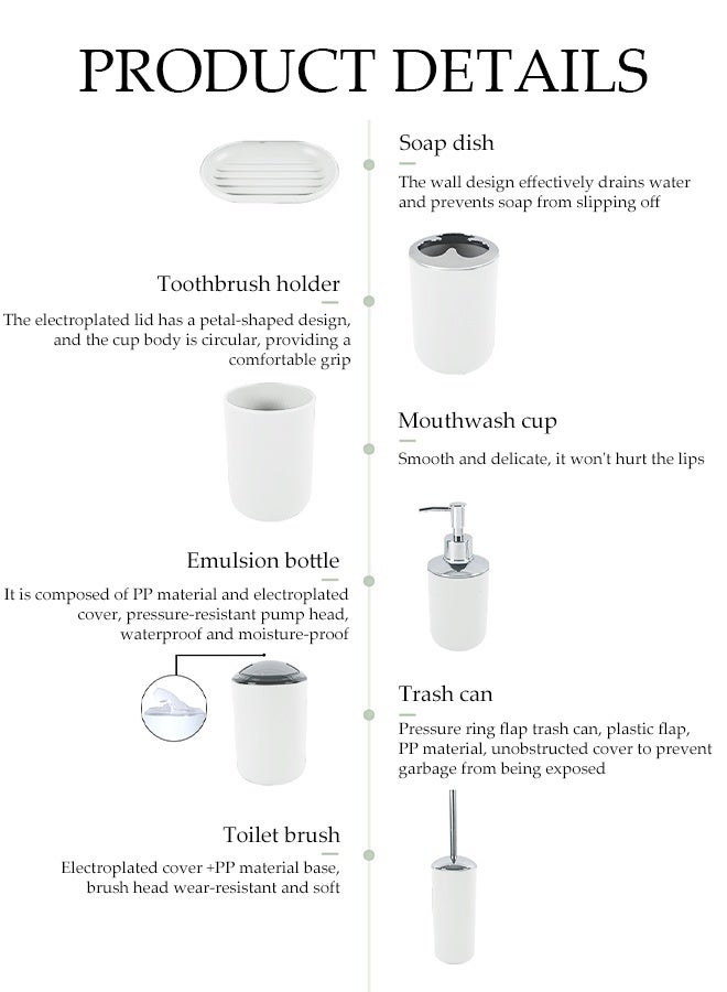 DUNISO 6 Pieces of Bathroom Accessories Set，Plastic Gift Set，Smooth Circular Electroplated Bathroom Set，With Trash Can, Soap Dish, Toilet Brush, Mouthwash Cup, Lotion Bottle, Toothbrush Holder，White  - Image 3