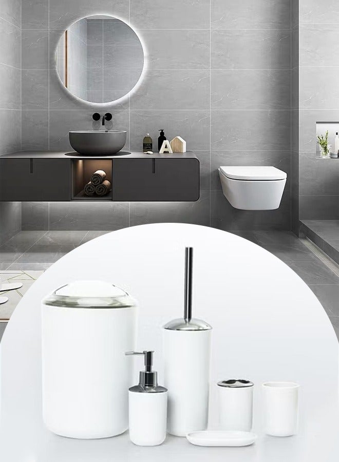 DUNISO 6-Piece Bathroom Accessories Set，Daily toiletries set，Plastic Gift Set，Smooth Circular Electroplated Bathroom Set，With Trash Can, Soap Dish, Toilet Brush, Mouthwash Cup, Lotion Bottle, Toothbrush Holder  - Image 1