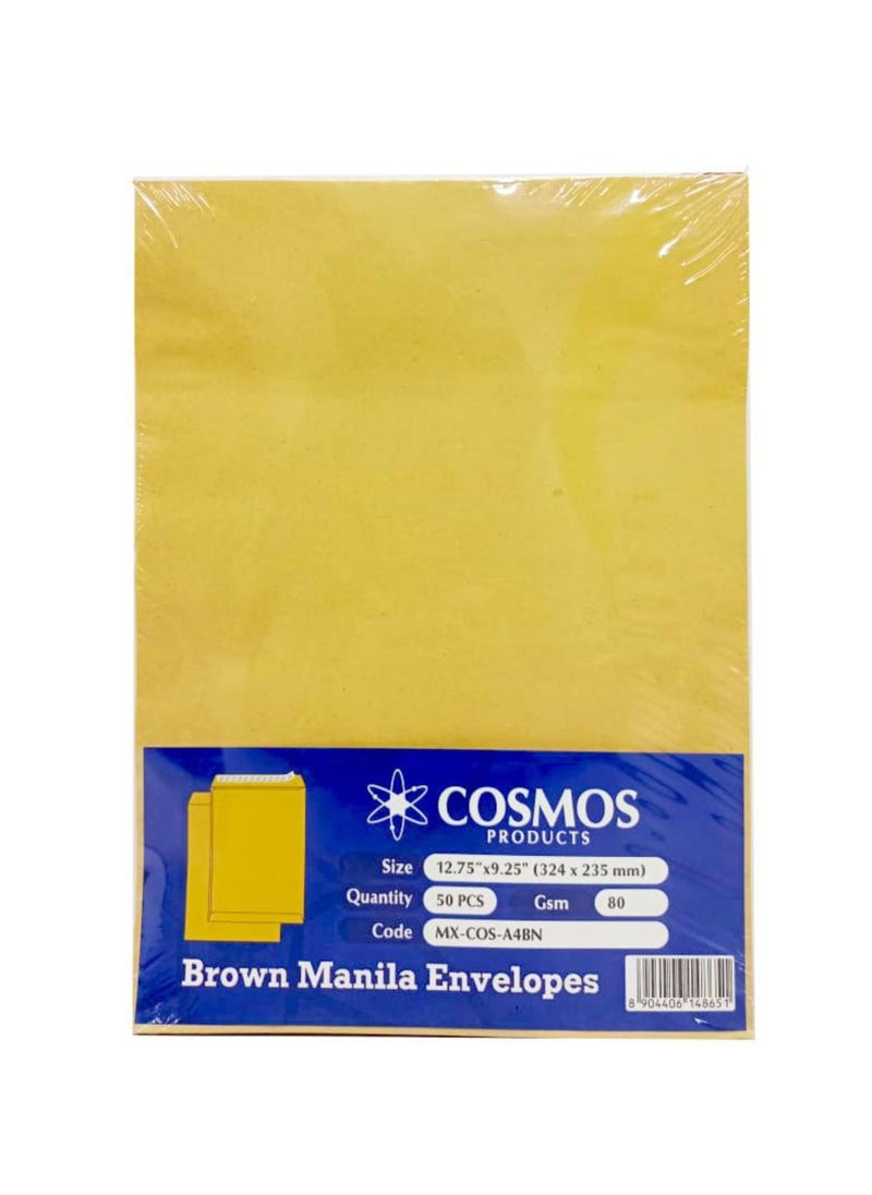 COSMOS - A4 Plain Brown Envelopes 80 GSM, 12.75″x9.25″ Peel & Seal (Pack of 50 Pieces) - Image 1