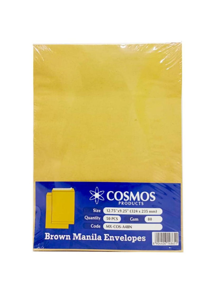 COSMOS - A4 Plain Brown Envelopes 80 GSM, 12.75″x9.25″ Peel & Seal (Pack of 50 Pieces) - Image 1