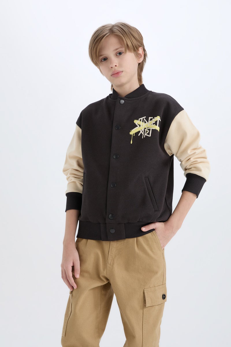 DeFacto Grey Boy College Collar Back Printed Closure Bomber Jacket Casual - Image 3